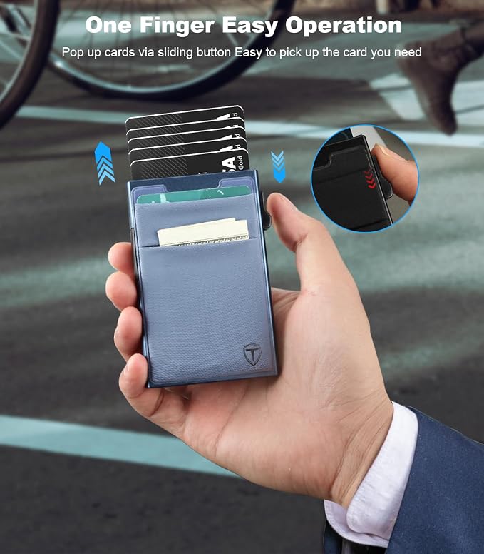 TOYFID Slim Wallet for Men - Pop Up Card Holder Wallet,Minimalist Business Wallet,Credit Card Wallet with Money Pocket,Metal Card Case Wallet,RFID Blocking,Can Hold 6 Credit Cards