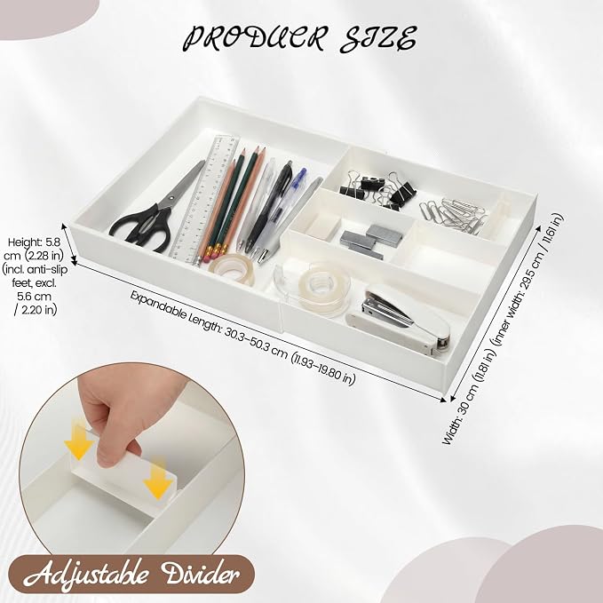 Yalikop Plastic Desk Drawer Organizer 12 x 20 Inch Large White Expandable Drawer Organizer Trays with Extendable Tray Adjustable Student Desk Organizing Tray for Makeup Office School Supplies