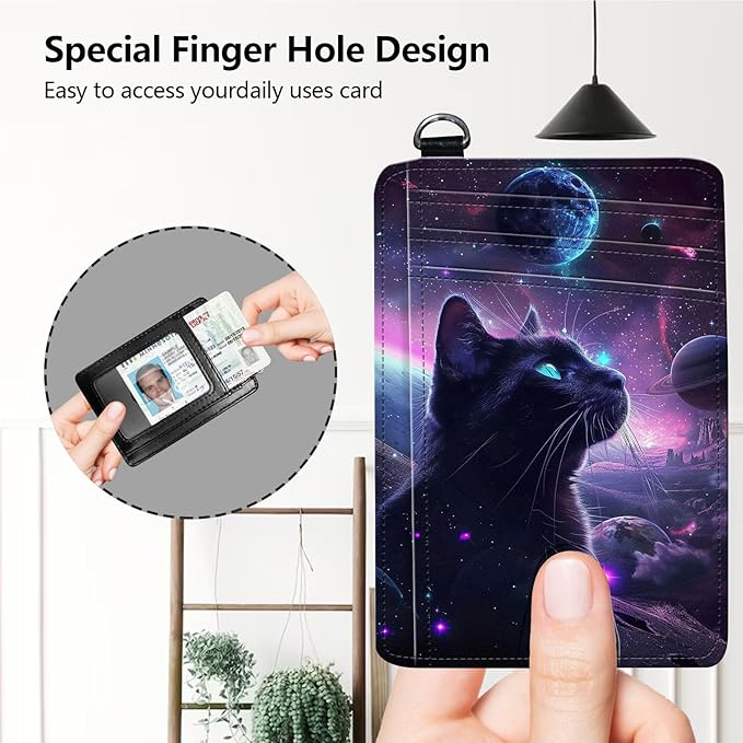Slim RFID Blocking Card Holder Wallet with Wrist Strap - Minimalist Front Pocket Wallet, Galaxy Cat Design, PU Leathe, for Men & Women, Ideal for Travel & Gifts