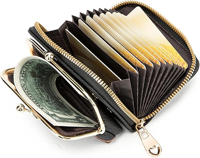 Women's Pebble Leather Wallet, 2-in-1 Zip-Around Credit Card Holder with Kiss Lock Coin Purse, Cute Change Purse with Secure Clasp & Card Slots (Black, Small)