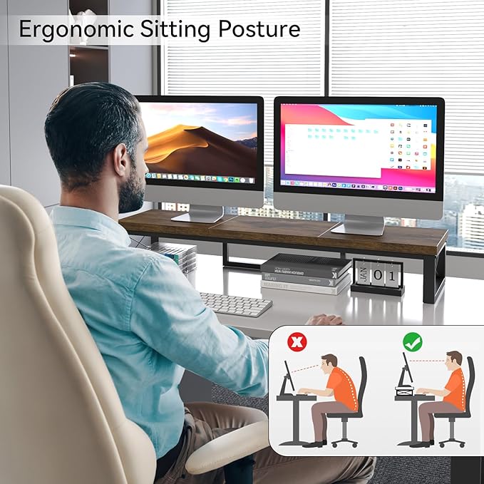 IBUYKE Large Dual Monitor Stand Riser for 2 Monitors, Wooden Desktop Computer Monitor Stand Storage Shelf and Steel Legs,Dual Screen Office Desk,Monitor Riser for Computer, Printer,Laptop,TV,Rustic Brown UTDJ002H