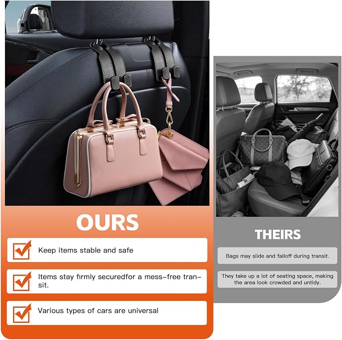 Car Seat Headrest Hooks for Purses and Bags, 4-Pack Heavy Duty Car Seat Hooks with Anti-Slip Pad, Universal Car Backseat Organizer Hanger Accessories for Grocery Bags (Black)