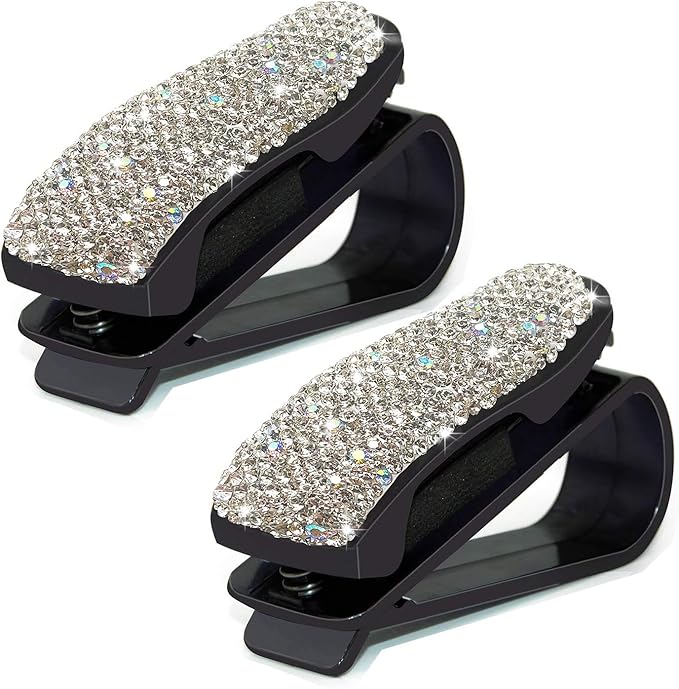 Glasses Holders for Car Sun Visor, 2 Pack Bling Crystal Rhinestones Fashion Car Eyeglasses Sunglasses Hanger Mount with Ticket Card Clip for Women Girls (Silver)