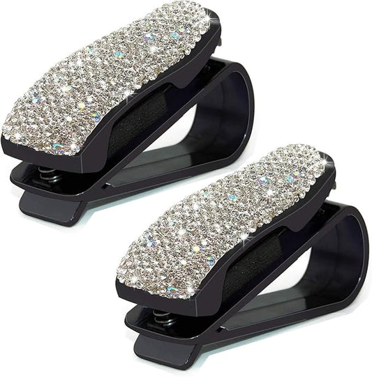 Glasses Holders for Car Sun Visor, 2 Pack Bling Crystal Rhinestones Fashion Car Eyeglasses Sunglasses Hanger Mount with Ticket Card Clip for Women Girls (Silver)