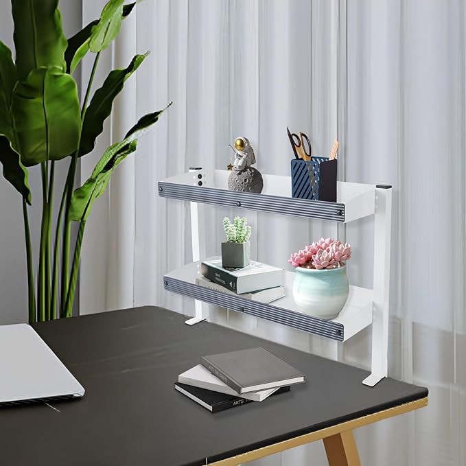 Clamp-on Desk Shelf, Desktop or Under-Desk 2-Tier Shelving Unit with Adjustable Metal Storage Tray, Clip-on Desk Shelf Office Organization (White)