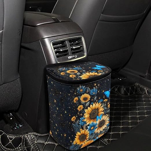 Blue Butterfly Sunflower Print Car Trash Can - Foldable, Automotive Garbage Bin with Leak Proof Hanging Bag