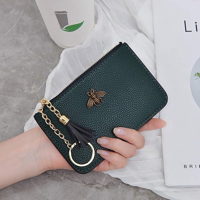 Women's Coin Purse Change Wallet Pouch Leather Card Holder with Key Chain Tassel Zip (Dark Green)
