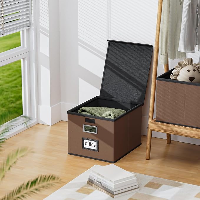 File Organizer Boxes with Lids, Collapsible Faux Leather Hanging File Folder Box Organizer with Plastic Slide, Decorative Home/Office Filing System Boxes for File and Folders Storage