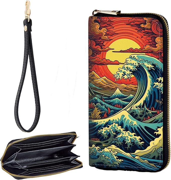 Zip Around Wallets for Women with Detachable Wrist Strap, Large Capacity RFID Blocking Leather Purse Organizer Card Holder Wristlet,Retro Japanese Waves