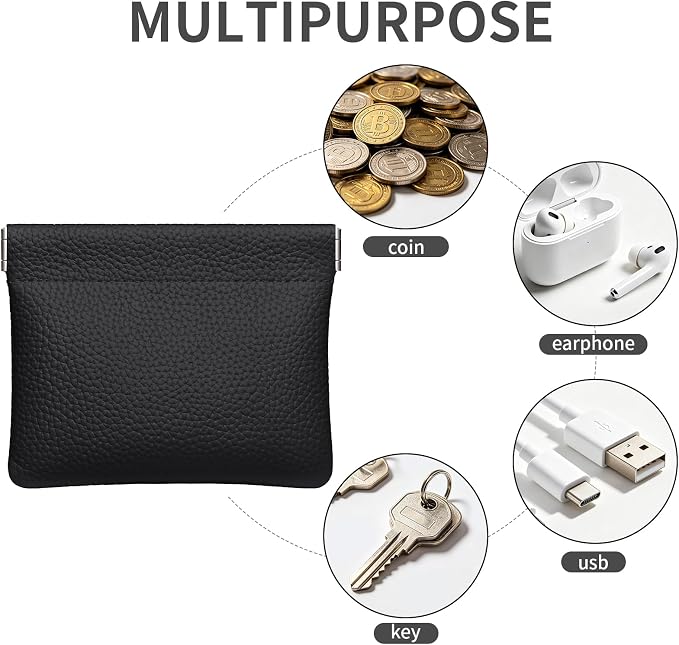 Genuine Leather Squeeze Coin Purse Pouch Change Holder For Men & Women Mini Change Purse Pouch for Pocket, Small Pouch Credit Card Key Headset Lipstick Holder (Black)