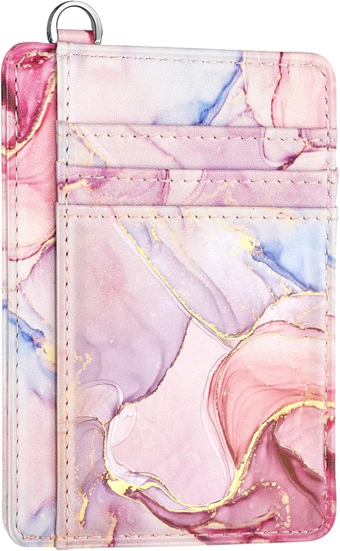 Coco Rossi Slim Front Pocket Wallet RFID ID Card Holder Cute Small Wallet with Keychian for Women,Waterolor Pink