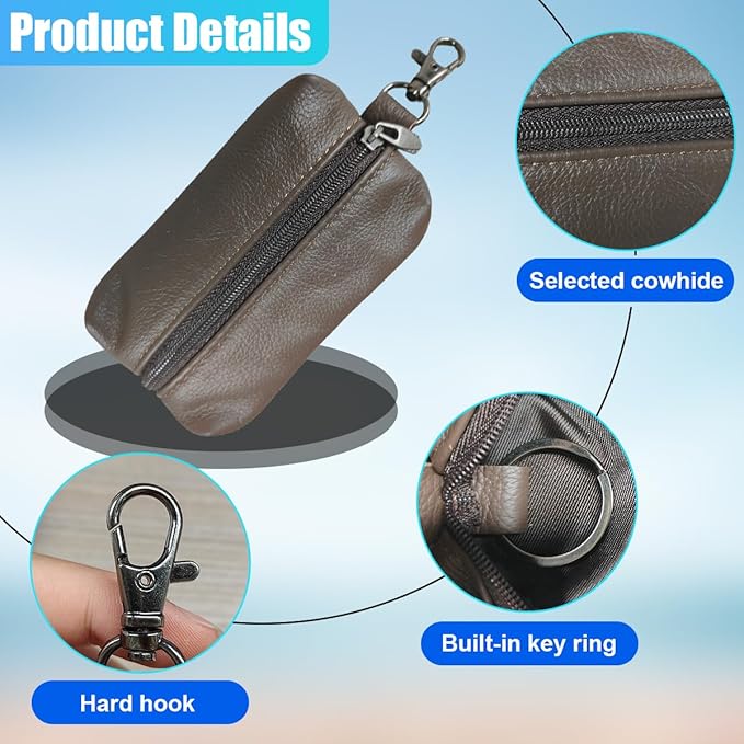 Leather Car Key Case Holder, Auto Smart Key Fob Protector Pouch with Zipper, Universal Unisex Keychain Wallet (Coffee)