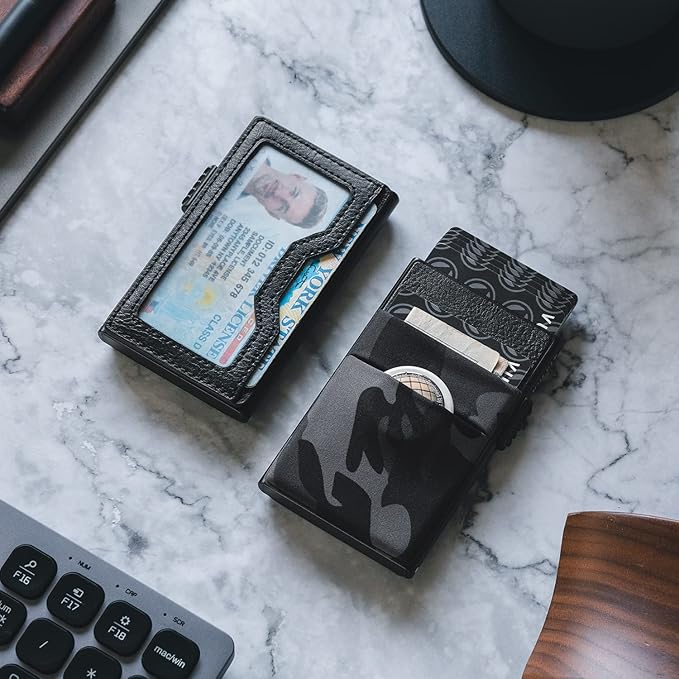 VULKIT Minimalist Wallet with ID Window & EDC Pocket Pop Up Card Holder RFID Blocking Slim Wallet Design for Airtag Cash Coins & Credit Cards