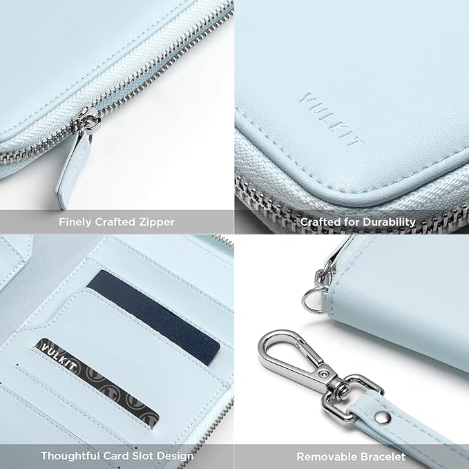 VULKIT Leather Passport Holder Family Travel Document Organizer with RFID Blocking Travel Wallet Slim Dual Slots SIM Card and Multiple Card Holders for Men and Women (Light Blue)