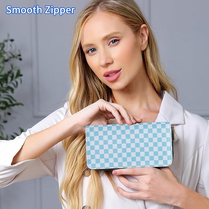 Checkered Wallets for Women Cute Large Capacity Blue Female Plaid Purse 2 Zippers Credit Card Holder
