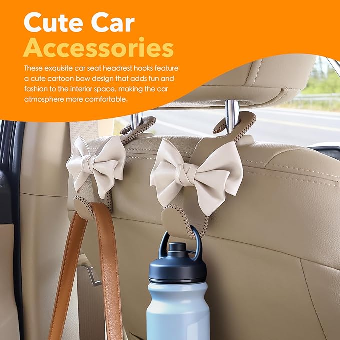 Car Purse Hook, Cute Bow Hooks for Headrest - Leather U-Shaped Purse Holder for Car, Flexible Seat Back Organizer & Durable Vehicle Accessories for Bags, Coats & More (Beige-2 Pack)