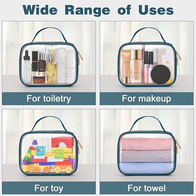 Wedama TSA Approved Toiletry Bag, 3 Pack Clear Makeup Bags with Handles, Quart Size Toiletry Bags, PVC Clear Cosmetic Bags for Women and Men, Carry on Airport Airline (Til Blue, Medium)