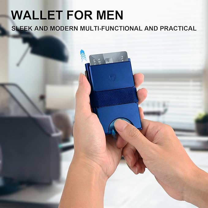 TOYFID Slim Wallet for Men Aluminum Minimalist Pop Up Card Holder with RFID Blocking Protection Expandable Backplate Cash Band for Boyfriend/Dad/Friend,Holds 12+ Credit Card & Business Cards,Blue