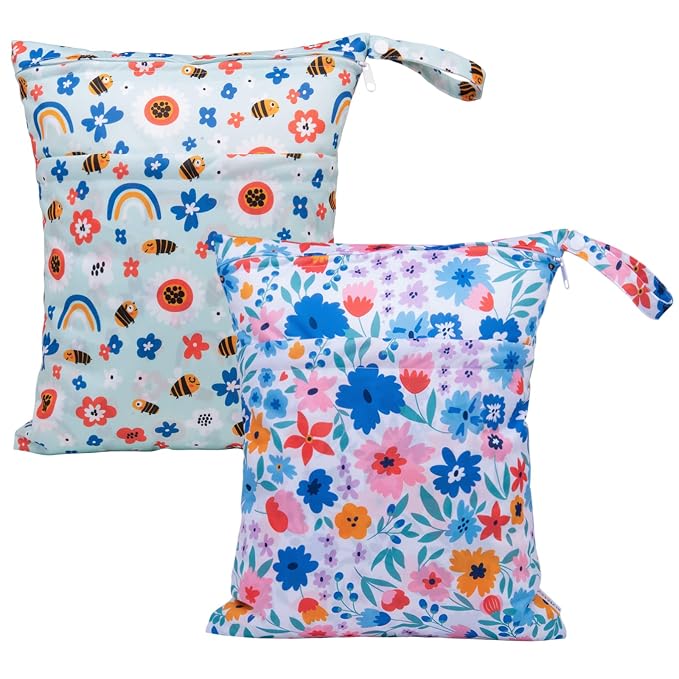 ALVABABY 2pcs Cloth Diaper Wet Dry Bags Waterproof Reusable with Two Zippered Pockets Travel Beach Pool Daycare Soiled Baby Items Yoga Gym Bag for Swimsuits or Wet Clothes LX-YX8688