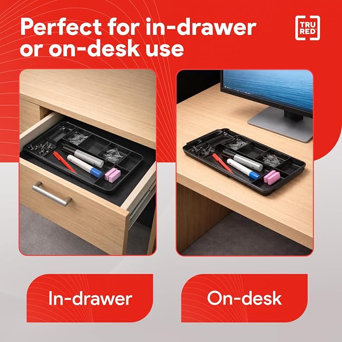 TRU RED Expandable Plastic Drawer Organizer, 7‑Compartment, Black – Adjustable Desk & Drawer Storage for Office Supplies