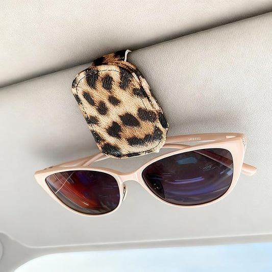 Sunglass Holder for Car, Universal Magnetic Car Sun Visor Eyeglass Holder, Leather Glasses Clip for Car, Ticket Card Clip (1, Leopard)