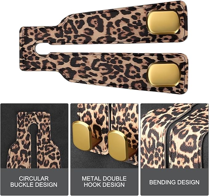 2 PCS Car Seat Headrest Hooks for Hanging, Double Heavy Duty Metal Hooks with Leopard Print, Car Organizer Accessories for Women, Universal for Most Cars, Trucks, SUVs (Brown Leopard Print)