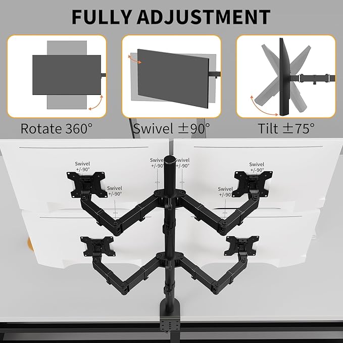 Quad Monitor Mount, Heavy Duty Adjustable 4 Monitors Desk Stand for 13"-27" Screen, Holds Up to 22lbs per Arm with C Clamp/Grommet Base