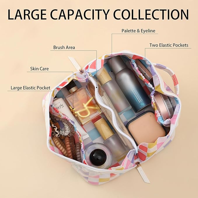 DYSHAYEN Travel Makeup Bag with Compartments Clear Coated Cosmetic Bag for Women, Waterproof Portable Open Flat Toiletry bag （Rainbow Gingham）