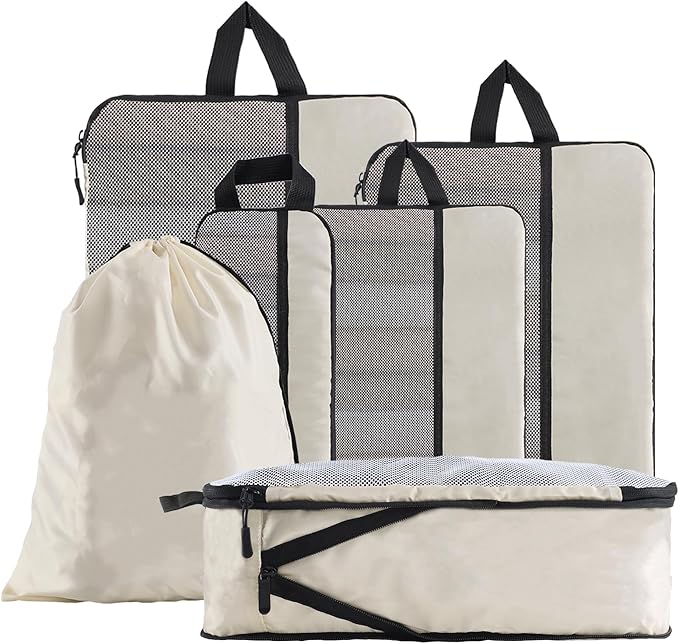 U+U 6 Set Compression Packing Cubes - Ultralight Cream Travel Organizers with Laundry Bag, Space-Saving Suitcase Organizer, Expandable Packing Cubes for Travel and Family Vacation (Cream)