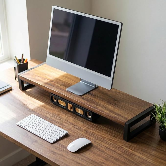 Dual Monitor Stand Riser for Desk ??40??Wide Walnut Solid Wood Desk Riser with Metal U-Legs, Scratch-Resistant, Hassle-Free Assembly