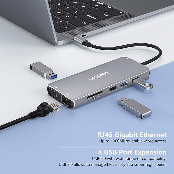 LASUNEY 12 in 1 Hub, Hub Multiport Adapter Dongle with 2 HDMI, DisplayPort, RJ45, SD/TF, USB C/A Ports, PD, Mic/Audio, Compatible for MacBook Dell HP Lenovo