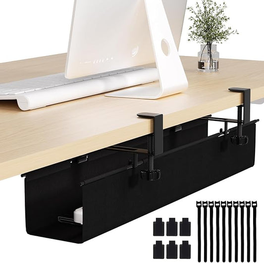 Under Desk Cable Management Tray 27.2" - No Drill Computer Wire Organizer Cable Tray, Cord Hider Clamp Mount with 16X Cable Ties PC Cables Management Cord Holder for Office/Home (Upgrade Fabric,Black)