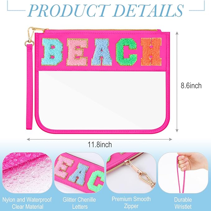Abbylike 12 Pcs Clear Snack Bags Chenille Letter Beach Zipper Pouch Waterproof PVC Large Travel Makeup Cosmetic Storage Organizer Bag for Mom Team Cheerleaders Teacher (Multicolor)