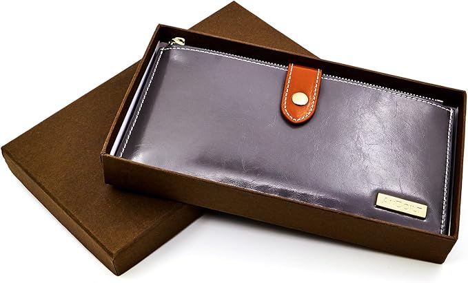 ANDOILT Women's Genuine Leather Wallet RFID Blocking Credit Card Holder Zipper Purse Cell Phone Handbag