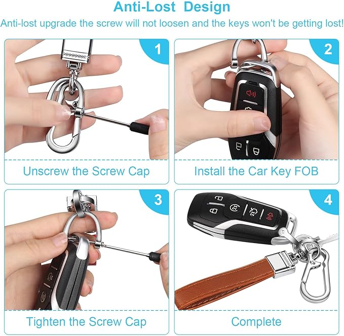 QBUC Genuine Leather Car Keychain,Universal Heavy Duty Metal Key Chain Accessories,Car Fob Key Keychain Holder with 360 Degree Rotatable Snap Swivel and Anti-Lost D-Ring for Men Women(Brown)