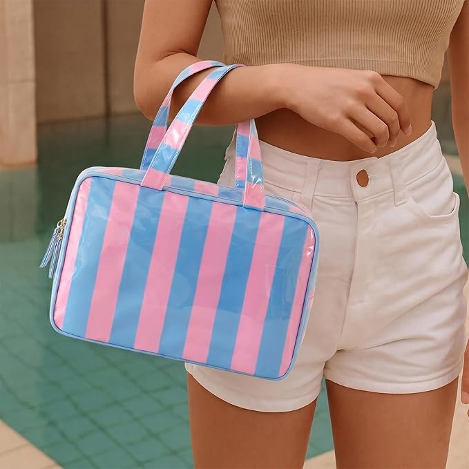 Travel Toiletry Bag for Women, Waterproof Clear Coated Portable Stripe Makeup Cosmetic Bag with Compartment, Travel Organizer for Shampoo, Conditioner, Brushes Set,Cosmetic Accessories(Pink-Blue)