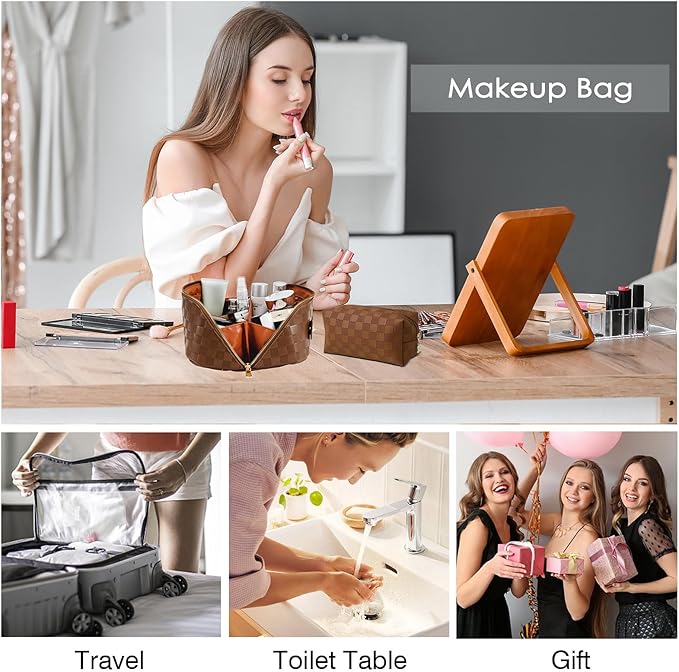 Checkered Travel Makeup Bags Cosmetic Organizer Bag: 2-Set Large Capacity Waterproof Makeup Bag - PU Leather Toiletry Bag for Women - Wide Open Portable Pouch with Handle and Divider (PINK)
