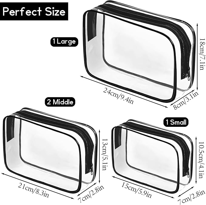 PLULON 4Pack Clear Makeup Toiletry Bag for Women Men, TSA Approved Toiletry Bag Organizer Black PVC Waterproof Clear Portable Cosmetic Pouch with Zipper for Airport Airline Compliant Travel Essentials