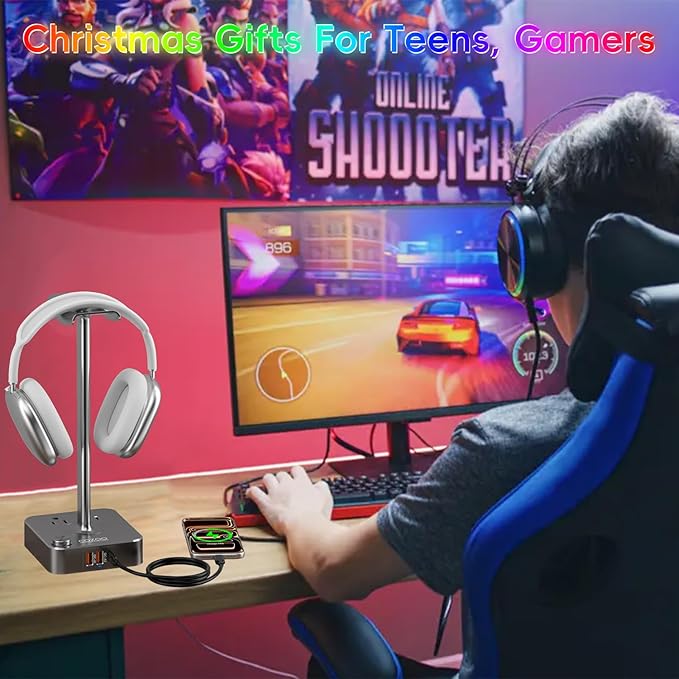 Headphone Stand with PD Fast Charger & QC3.0,Gaming Headset Holder with 3 USB Ports 2 AC Outlets for Desk,Cool Gamer Gifts for Men,Boyfriend,Teen Boys,Friends – Perfect Gaming Accessories & Room Setup