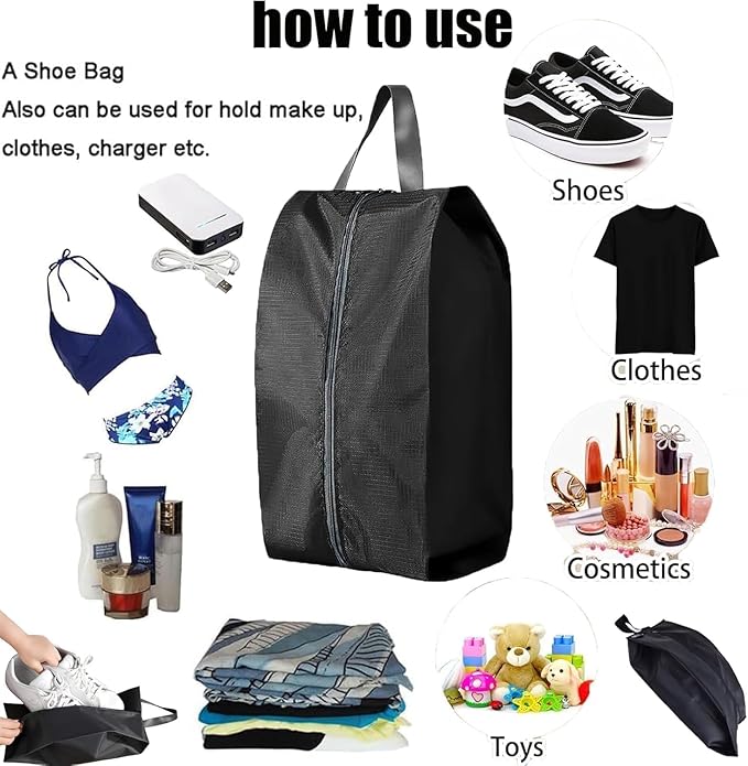 5Pcs Large Travel Shoe Bags Portable Travel Gifts Shoe Organizer with Zipper Closure, Waterproof Nylon Shoe Storage Organizer with Handle Travel Bags For Men and Women, Black