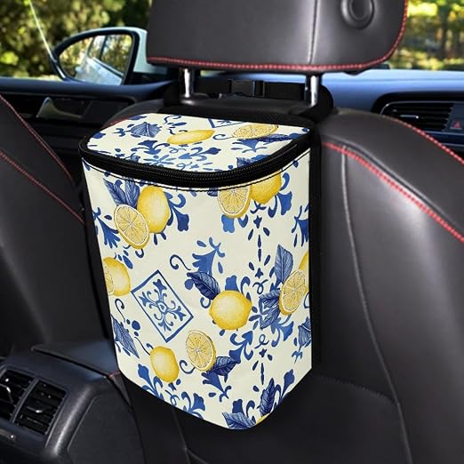 Lemon Square Print Car Accessories Back Seat Multipurpose Car Trash Can with Lid, Leak Proof Waterproof Hanging Cars Garbage Can for Road Trip Travel