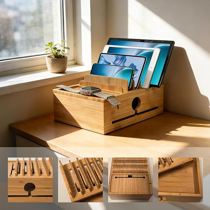 Bamboo Charging Station Organizer for Multi-Devices with Tray, Nightstand Desk Electronic Organizer Stand for Cell Phone, Tablet, Etc (with 5-Cable, No USB Charger)
