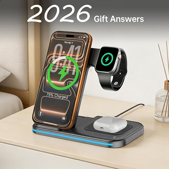 [Qi] 3 in 1 Charging Station for iPhone, 21W Wireless Charging Station, Stand Multiple Devices for Apple, for iPhone 17 16 15 14-8 Pro Max, Watch, AirPods 4 3 Pro, Nightstand, Desk, Trip, Gift