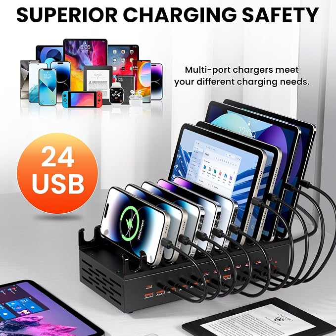 300W USB Charging Station for Multiple Devices - 24 Ports Desktop Multi Fast Charger Station with Device Organizer Stand & Multi Protection, USΒ Power Strip Suitable for Home Office School Studio