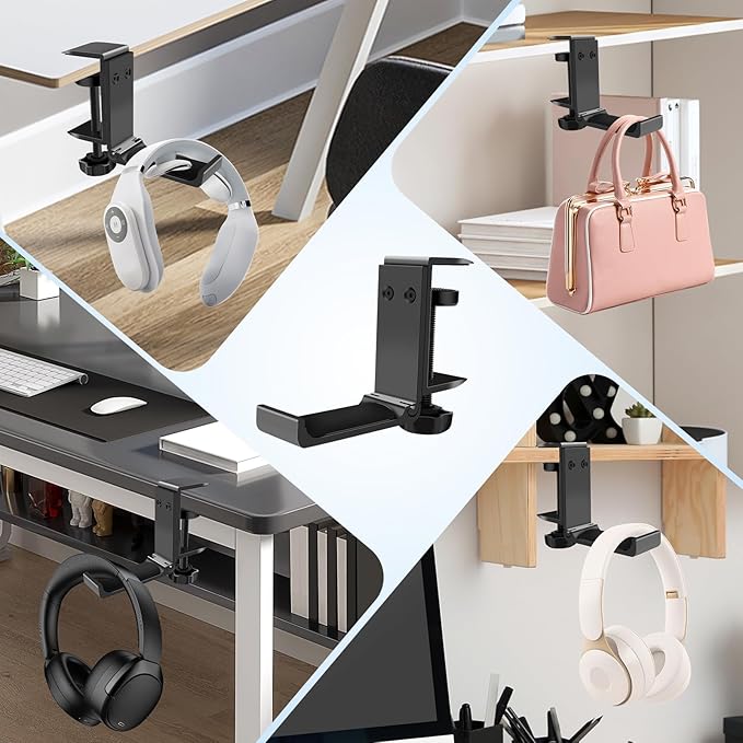 Headphone Stand Hanger Holder, Foldable Aluminum Desk Headphone, Universal Space Saving Headset Stand Multifunctional Under Desk Hanger for Home Office(1 PCS,Black)