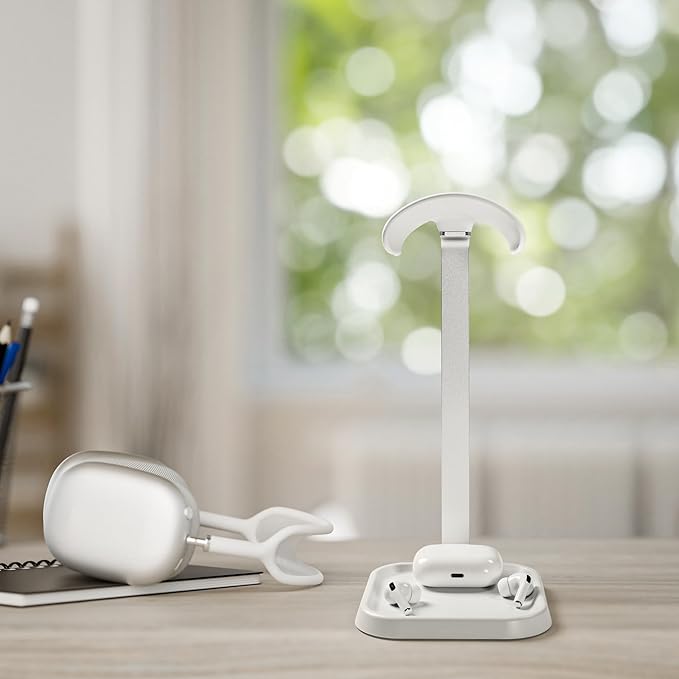 Headphone Stand, Curved Headset Stand with Storage Tray, Gaming Headset Holder for AirPods Max, AirPods Max 2, AirPods, AirPods Pro, Beats, Bose, Sony and More (White)