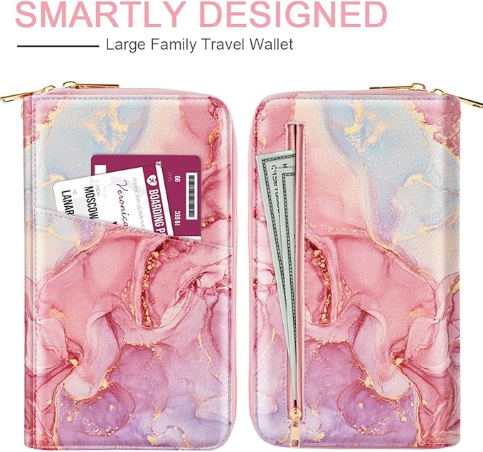 Family Passport Holder Wallet RFID Blocking Document Organizer PU Leather Mulit-purpose Travel Wallet Credit Cards Case for Women Men,Red Marble