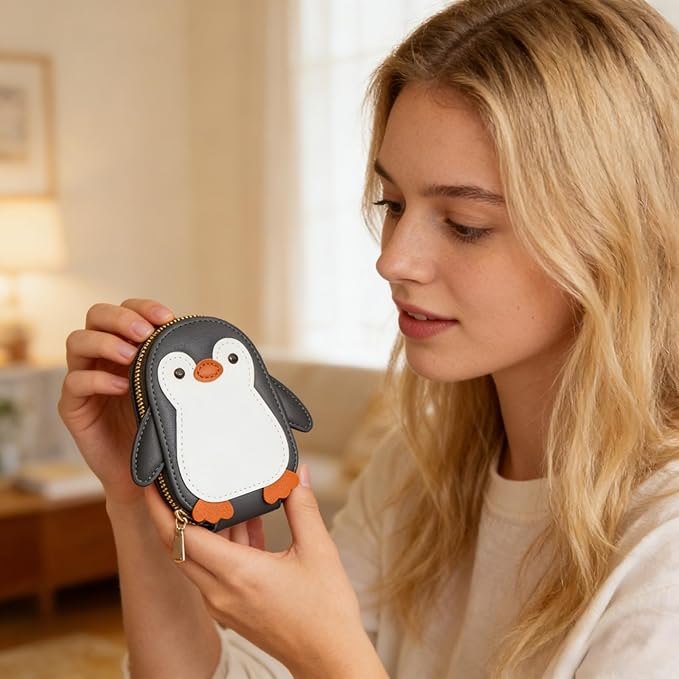 NovelCute Cartoon Penguin-shaped Coin Purse PU Leather Accordion Card Holder Large Capacity Zippered Money and Card Organizer Portable Mini Coin Purse Key Pouch(grey)