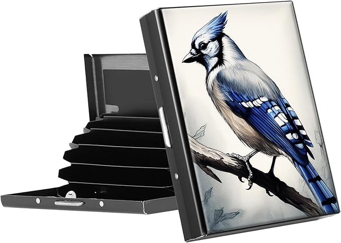 RFID Blocking Credit Card Holder - Slim Metal Wallet for Women & Men,Blue Jay Bird Design Stainless Steel Business Card Case,Compact Pocket Organizer for Travel & Daily Use