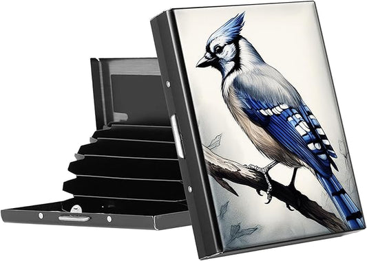 RFID Blocking Credit Card Holder - Slim Metal Wallet for Women & Men,Blue Jay Bird Design Stainless Steel Business Card Case,Compact Pocket Organizer for Travel & Daily Use